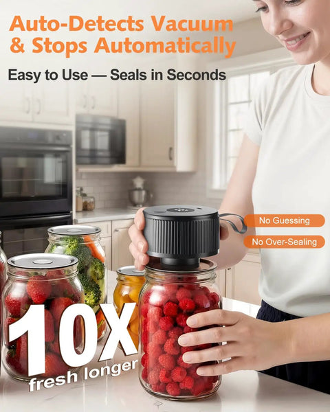 Person using Electric Mason Jar Vacuum Sealer Kit 2026 Upgraded Cordless One Handed Jar Sealer on jar of raspberries