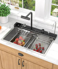 Slick Smart Waterfall 30 Inch Drop In Kitchen Sink With Single Bowl, 16 Gauge 304 Stainless Steel Workstation in kitchen with produce