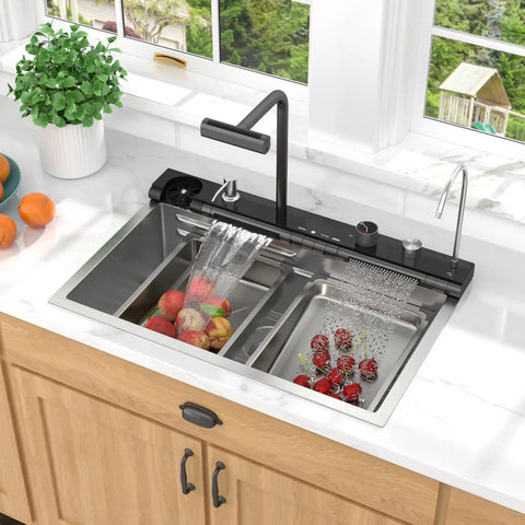 Slick Smart Waterfall 30 Inch Drop In Kitchen Sink With Single Bowl, 16 Gauge 304 Stainless Steel Workstation in kitchen with produce