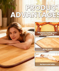 Woman lying on Cozy Imitation Wood Heated Floor Mat With Adjustable Temperature And 12 Hour Timer, Electric Carpet For Home Office Or Yoga, 39 By 59 Inches, Radiant Floor Heating Pad, showing product features.