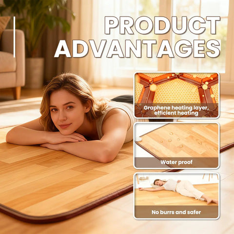 Woman lying on Cozy Imitation Wood Heated Floor Mat With Adjustable Temperature And 12 Hour Timer, Electric Carpet For Home Office Or Yoga, 39 By 59 Inches, Radiant Floor Heating Pad, showing product features.