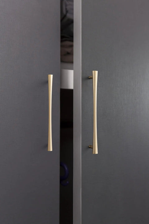 Champagne Bronze Cabinet Pulls Set, 6 Pack, 7.56 Inch Hole Center, Zinc Alloy Modern Warm Gold Drawer Handles on gray doors