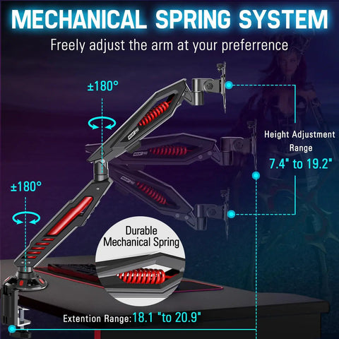 Single Gaming Monitor Arm With Mechanical Spring Load, Fully Adjustable Clamp Or Grommet Mount For Up To 32 Inch Screens, VESA 75x75 And 100x100, Smooth Tilt, Swivel, And Height Adjustment For Immersive Play showing mechanical spring system adjustability.