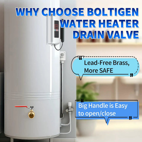 Lead-Free Brass Water Heater Drain Valve installed on water heater with long handle and safety features highlighted.