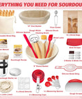 All In One Sourdough Starter Kit With Round And Oval Banneton Baskets, Starter Jar, Silicone Bread Sling, Tools, and Blades Display