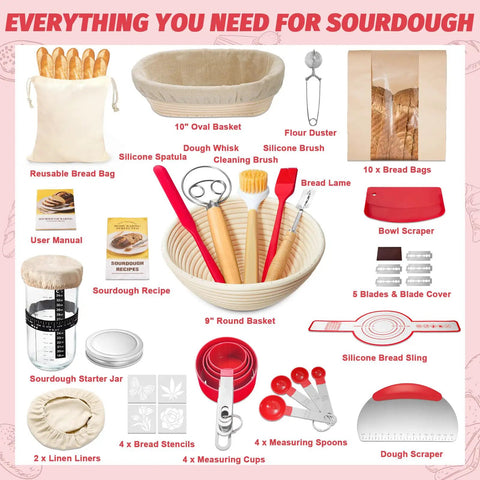 All In One Sourdough Starter Kit With Round And Oval Banneton Baskets, Starter Jar, Silicone Bread Sling, Tools, and Blades Display
