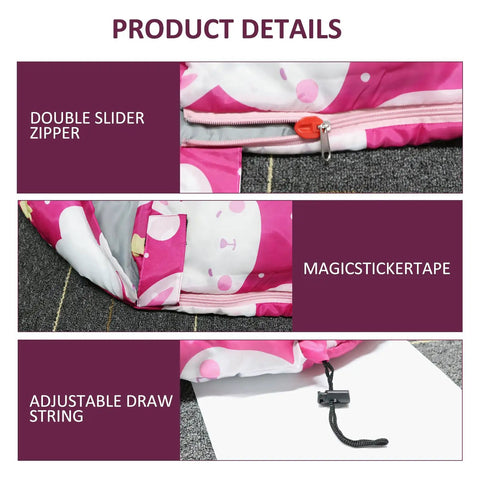 Bright Pink 3 Season Kid Friendly Sleeping Bag For Camping And Backpacking Lightweight And Waterproof With Carry Bag zipper details