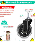 Ace Three Inch Office Chair Casters Crafted Tough With Swivel Design And 5 16 18 Unc Thread Stems, dimensions and specifications displayed.
