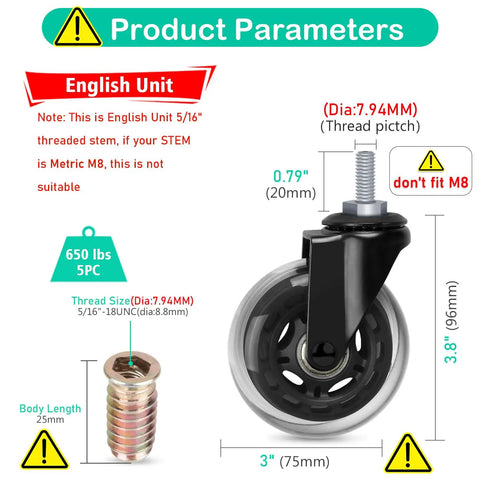 Ace Three Inch Office Chair Casters Crafted Tough With Swivel Design And 5 16 18 Unc Thread Stems, dimensions and specifications displayed.