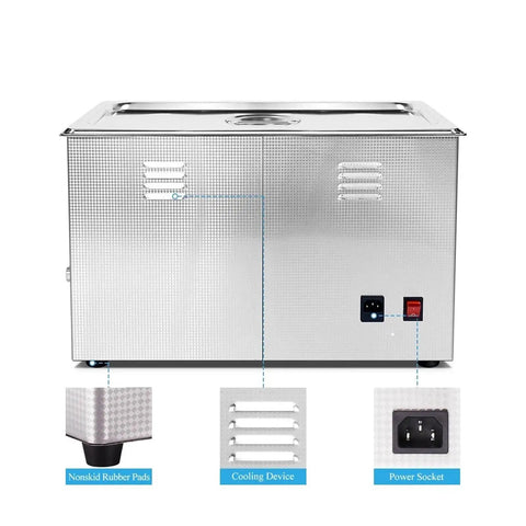 30L Ultrasonic Cleaner With 600W Power And 40KHZ Frequency front view showcasing power socket, cooling device, and nonskid rubber pads.