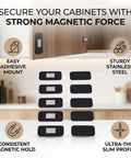 Magnetic Cabinet Door Catch With Adhesive Backing No Drill Required showcased on kitchen cabinet with installation features.