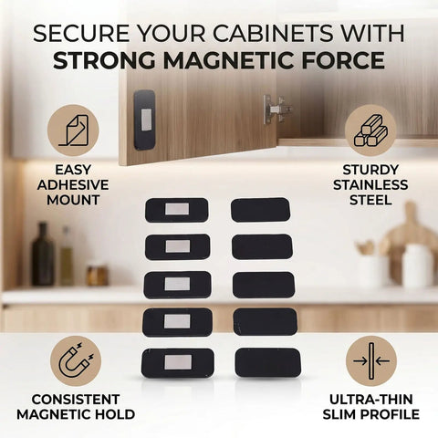 Stainless Steel Magnetic Cabinet Door Catch with double sided adhesive, slim profile shown in kitchen securing cabinet door.