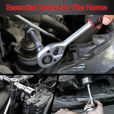 Durable 94 Piece Mechanics Tool Set With Metric And Standard Sockets Quarter Inch And Half Inch Drives in use on vehicle