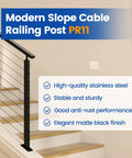 Black Slope Cable Railing Post 36 Inch for 25 to 40 Degree Slopes, T304 Stainless Steel on staircase with product features