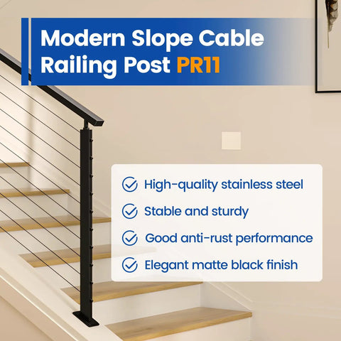 Black Slope Cable Railing Post 36 Inch for 25 to 40 Degree Slopes, T304 Stainless Steel on staircase with product features