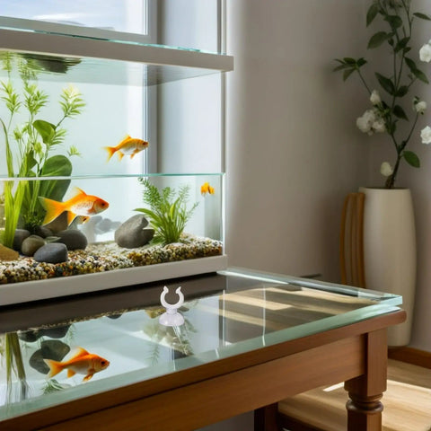Ditch The Hassle And Get These 50pcs White Aquarium Air Hose Clamps With Rock Solid Suction Cups on a table by a fish tank.