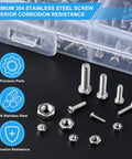 Stainless steel micro screws and nuts kit for eyeglasses and watches, showcasing multiple sizes with labeled case in background.