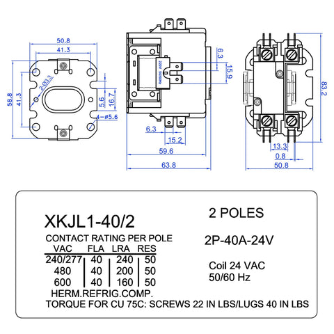 Technical diagram of 2 Pack 24V Coil 40A 1 Pole Air Conditioner Contactor Ready To Swap In UL Listed Carrier Compatible Motor Relay Replacement.