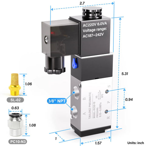 Tough Three Eighth Inch NPT Solenoid Valve Two Position Five Way Pneumatic Valve With Junction Box AC 220V Single Coil Pilot