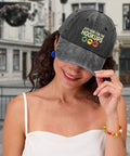 Woman wearing Things I Do In My Spare Time Funny RV Lover Travel Cap For Men Women Washed Denim Baseball Hat Adjustable Trucker