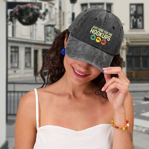 Woman wearing Things I Do In My Spare Time Funny RV Lover Travel Cap For Men Women Washed Denim Baseball Hat Adjustable Trucker