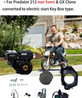 Electric Starter Kit With Key Start And Kickstart For Predator 212 Non Hemi Engines And Honda GX120 GX160 GX200 Small Engines For Mini Bikes Go Karts Coleman Easy Install And Reliable Key Start For Quick Fire Up shown with components and usage on mini bike.
