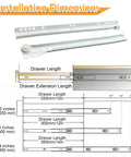 14 Inch Soft Close Heavy Duty Drawer Slide Kit With Bottom Mount Coated Steel Track And Smooth Nylon Rollers Rugged And Durable Drawer Glides Replacement For Cabinets And Dressers White Finish installation dimensions diagram