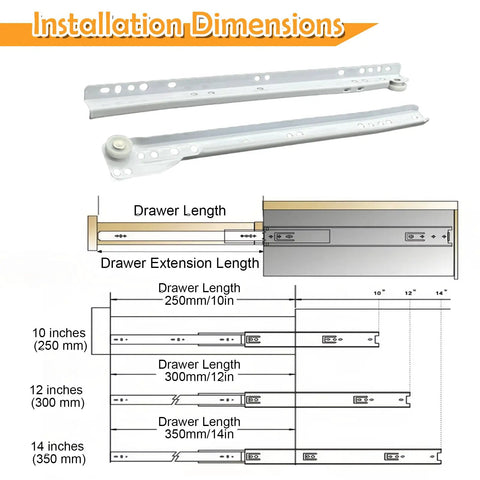 14 Inch Soft Close Heavy Duty Drawer Slide Kit With Bottom Mount Coated Steel Track And Smooth Nylon Rollers Rugged And Durable Drawer Glides Replacement For Cabinets And Dressers White Finish installation dimensions diagram