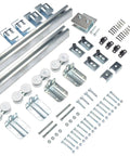 Rugged Galvanized Steel Exterior Double Sliding Barn Door Hardware Kit For Outdoor Use with rails, rollers, and brackets