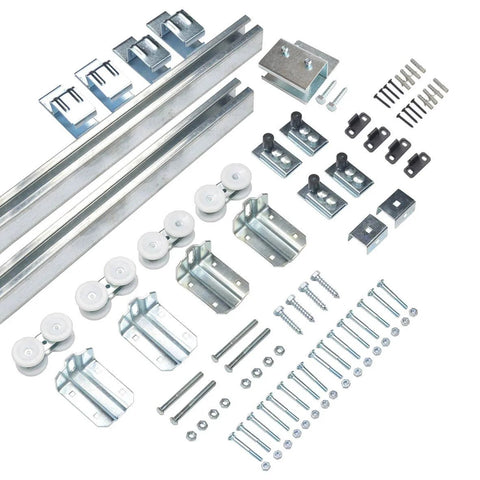 Rugged Galvanized Steel Exterior Double Sliding Barn Door Hardware Kit For Outdoor Use with rails, rollers, and brackets