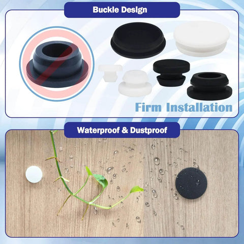 Assorted Size Black Silicone Hole Plugs 100 Pcs For Round Holes 4mm To 13mm With Frosted Finish, highlighting design and waterproof feature.