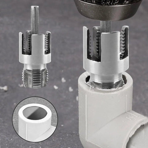 4 In 1 Universal Pipe Wrench Set For PVC Plastic Threads, showing steel threading tool engaged with PVC pipe.
