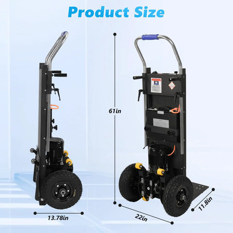 Sturdy Electric Stair Climbing Dolly With A Beefy 1500 Watt Motor Making No Sweat Moves On Steps For Quick Transport Of Appliances And Heavy Couches In Black, showing dimensions 61in height, 22in width.