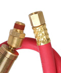 Red Heavy Duty Rubber Air Hose With Solid Brass 1/4 Inch Mnpt Ball Swivel And Fnpt Ends 300 Psi High Pressure Lead In Line 3/8 By 30 Inch For Air Compressors Garage Ready Beefy Build close-up of brass fittings