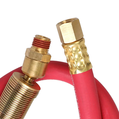 Red Heavy Duty Rubber Air Hose With Solid Brass 1/4 Inch Mnpt Ball Swivel And Fnpt Ends 300 Psi High Pressure Lead In Line 3/8 By 30 Inch For Air Compressors Garage Ready Beefy Build close-up of brass fittings