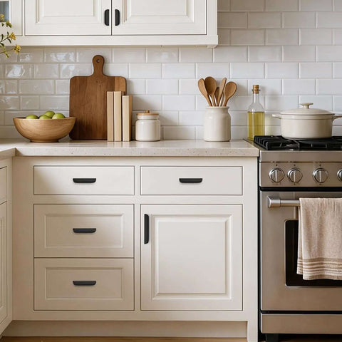 Top Shelf Heavy Duty 3 Inch Matte Black Cabinet Pulls 10 Pack on modern white kitchen cabinets with light wood accents.