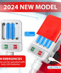 FEEDRON automatic fuel transfer pump; front shows four AA batteries in holder, ON/OFF switch, red housing with USB-C.