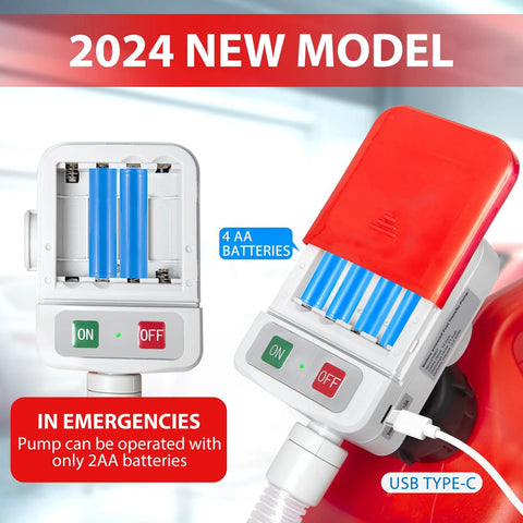 FEEDRON automatic fuel transfer pump; front shows four AA batteries in holder, ON/OFF switch, red housing with USB-C.