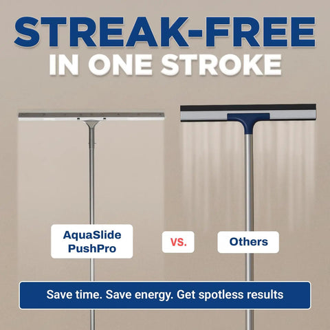 Versus image of AquaSlide PushPro squeegee next to a standard squeegee, illustrating streak-free water removal efficiency.
