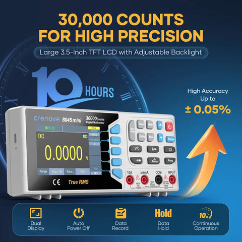 30,000 Counts True RMS Digital Multimeter For Bench Top Lab And Industrial Use With USB Data Logging shown with features