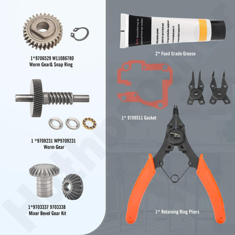 All In One Worm Gear Kit For 5-6 Quart Stand Mixers Includes Worm Gear Bevel Gear Gasket Thrust Bearing Food Grade Grease Retaining Ring Pliers And Replacement Parts For Smooth Quiet Operation