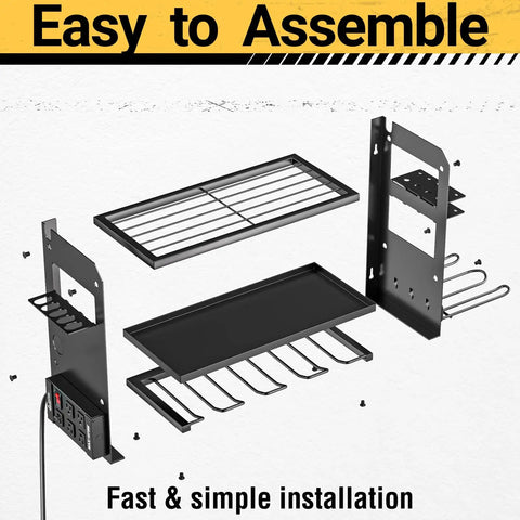 Exploded view of Must Have Power Tool Organizer Wall Mount With Charging Station For Garage Cordless Tools Hanger And Battery Storage Rack Heavy Duty Drill Holder Shelf Built In Metal Power Strip parts