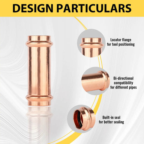 40 Pack Copper Press Extended Couplings One And A Quarter Inch Press To Connect Fittings For Copper Tubing And Plumbing Systems With LBP Design That Signals Unpressed Joints During Testing And Pro Grade Copper Build For Quick Reliable Install; design particulars and features shown