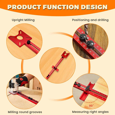 Slick Adjustable Router Bracket And Circle Cutting Jig For Woodworking with red aluminum guide for milling and measuring.
