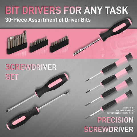 Pink 195 Piece Household Tool Kit With 12V Cordless Drill Driver Women Friendly Power Drill Set In Plastic Toolbox screwdriver set