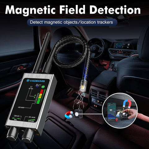 Hidden Camera Detector And Bug Finder For Privacy Protection Portable 4 In 1 RF Signal Scanner displayed in car interior.