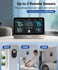 Go-To Weather Station With 8.8 Inch Color Display And Indoor Outdoor Thermometer Hygrometer with remote sensors shown in various settings.