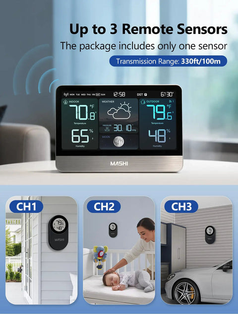 Go-To Weather Station With 8.8 Inch Color Display And Indoor Outdoor Thermometer Hygrometer with remote sensors shown in various settings.