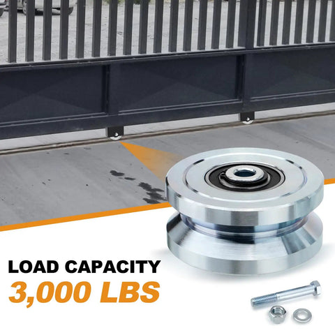 Heavy Duty 4 Inch V Groove Gate Wheels 3000 Lbs Load Capacity Solid Steel Sliding Pivot Caster with bearing and bolts.