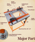 Essential Router Table Upgrade Kit Featuring Micro Adjustable Aluminum Fence With Dual Bearing Guide Rails For Dead Nuts Alignment and Butter Smooth Cutting Action To Level Up Your Woodshop Game, showcasing major parts.